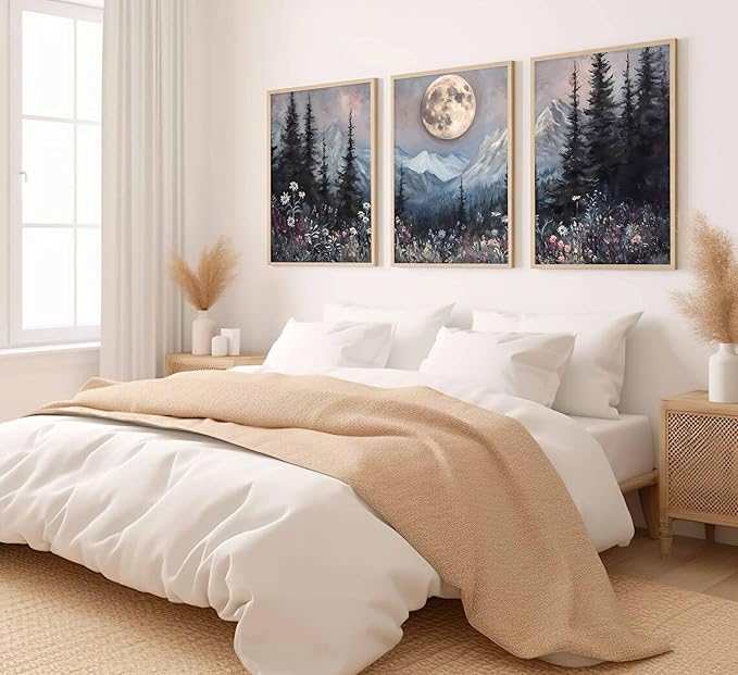 3Pcs Full Moon Forest Canvas Wall Art Vintage Moonlit Pine Tree Mountains and Wildflowers Woodland Nature Landscape Picture Wall Decor Poster Print Artwork for Bedroom Living Room Decor Unframed
