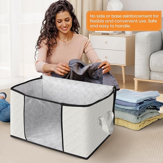 Fab totes 10 Pack Clothes Storage, Foldable Thick Fabric Blanket Storage Bags, Containers for Organizing Bedroom, Closet, Clothing, Comforter,Organization with Handle,Ivory White