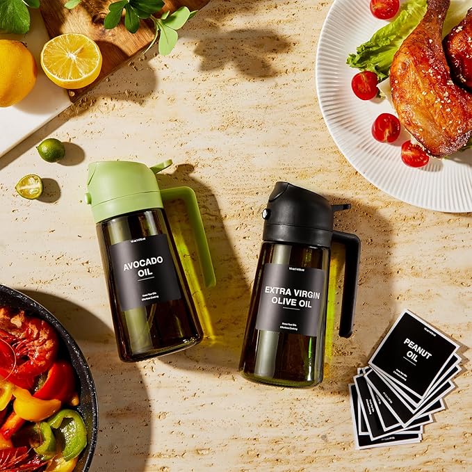 CXINYI - 16oz/470ml Olive Oil Dispenser for Kitchen with Stickers - 2 in 1 Olive Oil Sprayer for Cooking, Air Fryer, and Salad, 2 Black (Light-Proof Kitchen Gadget)