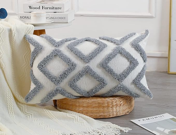 Diamond Pattern Long Pillow Covers 14 x 24,Plush Chenille Decorative Long Lumbar Pillow Case Pillow Covers Cushion Case for Sofa Couch Bed Livingroom Farmhouse,Modern Boho,Grey