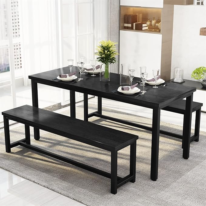 Recaceik 47” Dining Table Set with Benches, 3 Pieces Dining Room Table Set for 4, Wood Kitchen Table and Chair Set with Sturdy Frame, Space Saving Dinette Set for Breakfast Nook, Dining Room, Black