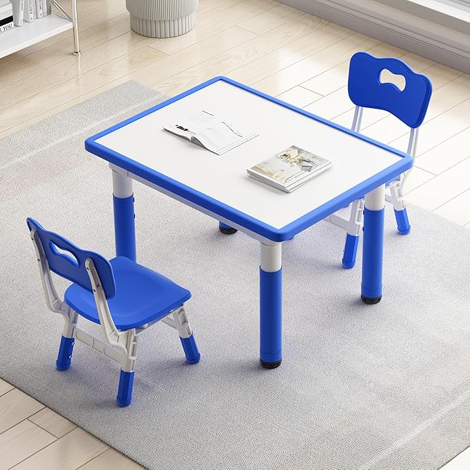 Toddler Table and 2 Chairs, Kids Table and Chair Set Height Adjustable, 31.5''L x 23.6''W Multifunctional Graffiti Desktop for Reading, Drawing, Eating, for Girls & Boys Age 2-10, Blue