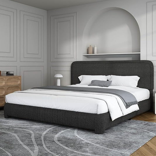 BarnFurin King Size Boucle Bed Frame and Headboard, Cloud Upholstered Platform Bed Frame, Soft Rounded Corners, Modern Style, No Box Spring Required, Easy Assembly, Black