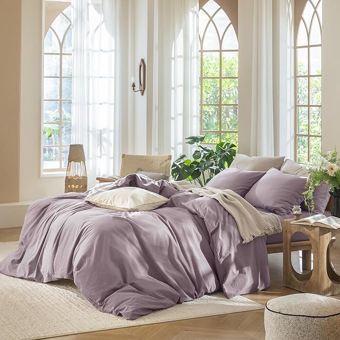 MooMee Bedding Duvet Cover Set 100% Washed Cotton Linen Like Textured Breathable Durable Soft Comfy (Solid Taro Purple, Super King Plus 120"x120")