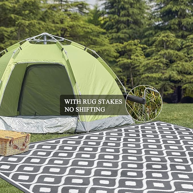 Pauwer Waterproof Outdoor Rug 8x10, Reversible Plastic Straw Patio Camping Rug, Indoor Outdoor RV Mat Carpet for Deck, Camper, Porch, Balcony, Backyard, Picnic, Geometric Grey