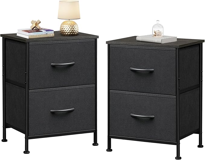 WLIVE Black Nightstand Set of 2, Night Stand with 2 Fabric Drawers, Small Dresser for Bedroom, Bedside Tables for Small Spaces, Dorm, Wood Top