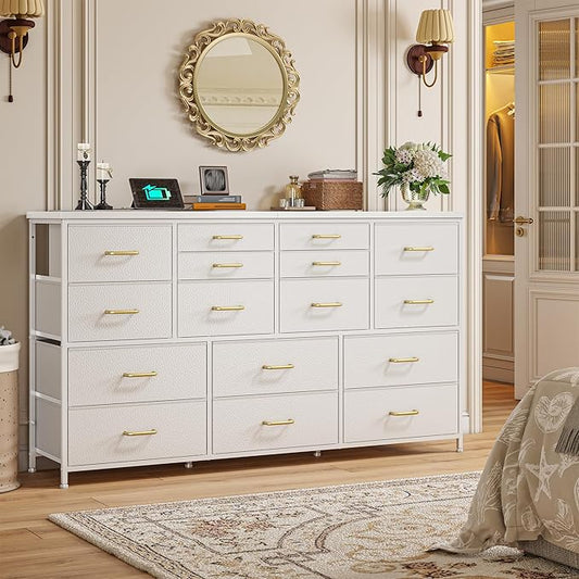 Dresser for Bedroom with 16 Fabric Drawers Long Dresser with Charging Station TV Stand for 60" TV Dressers & Chest of Drawers for Bedroom, Living Room, Closet, White