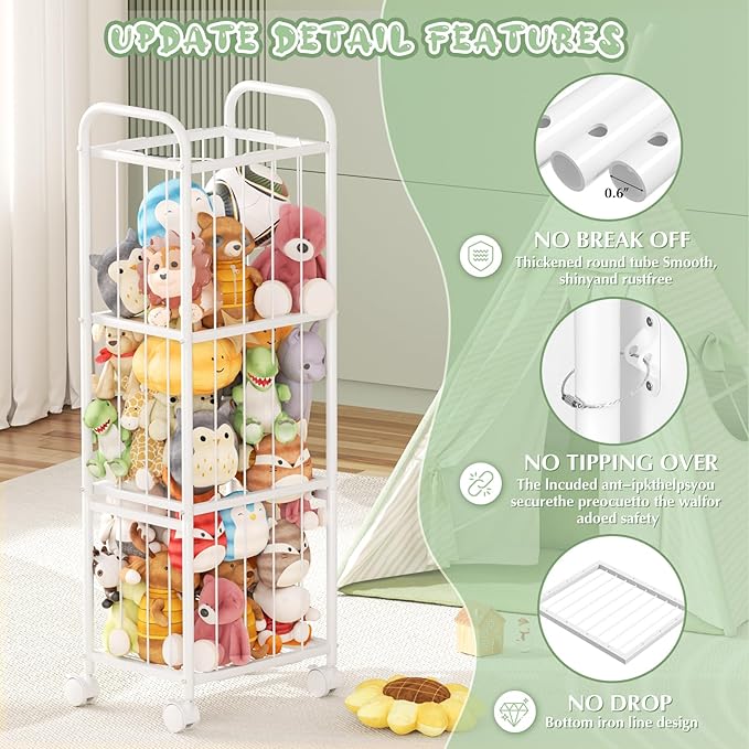 Stuffed Animal Storage Metal Tube Extra Large Toy Storage Organizer with Brake Wheels, Stuffed Animal Holder Zoo Organizer for Nursery Playroom Kids Room White(53.5” x 18.1”x 13”)