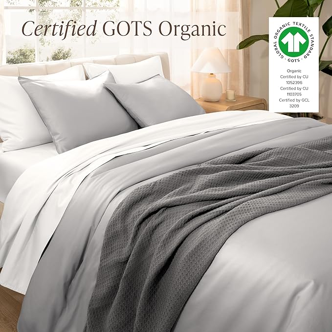 Bare Home 100% Organic Cotton Sateen Duvet Cover Set - Full/Queen Size - 400 Thread Count - Smooth Sateen Weave - Warm & Luxurious - Duvet Cover (Full/Queen, Light Grey)