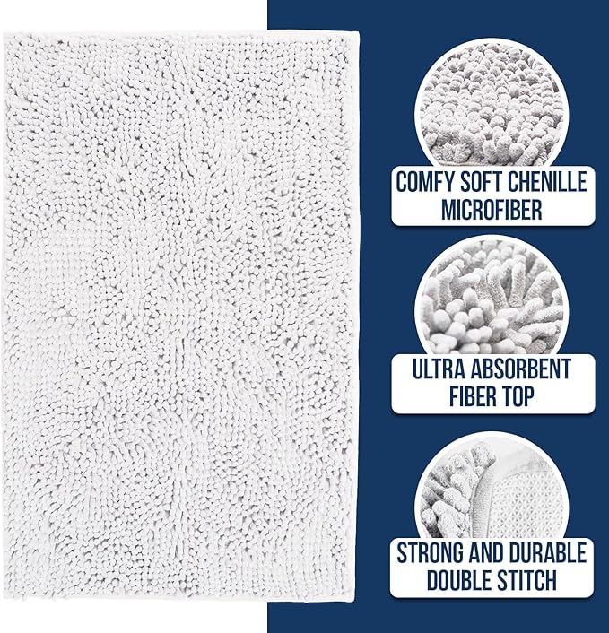 Muddy Mat Chenille Bathroom Rugs Quick Dry Microfiber Mats Non Slip Washable, Extra Thick, Soft and Highly Absorbent Bath Mats for Bathroom, Kitchen, and Shower Floor - White Medium 30"X19"