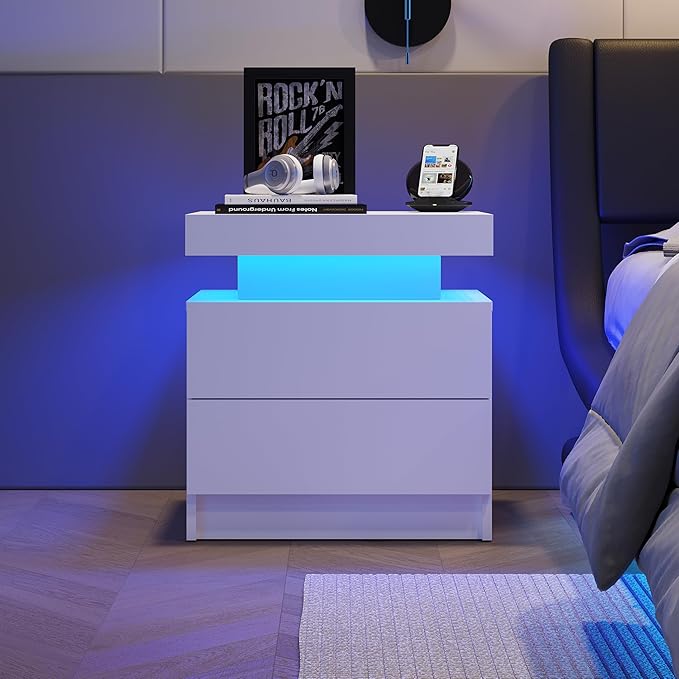 LED Nightstands Set of 2 Modern Bedside Table for Bedroom Night Stand Set 2 with 2 Drawers Side Table with LED Lights for Bedroom,Living Room