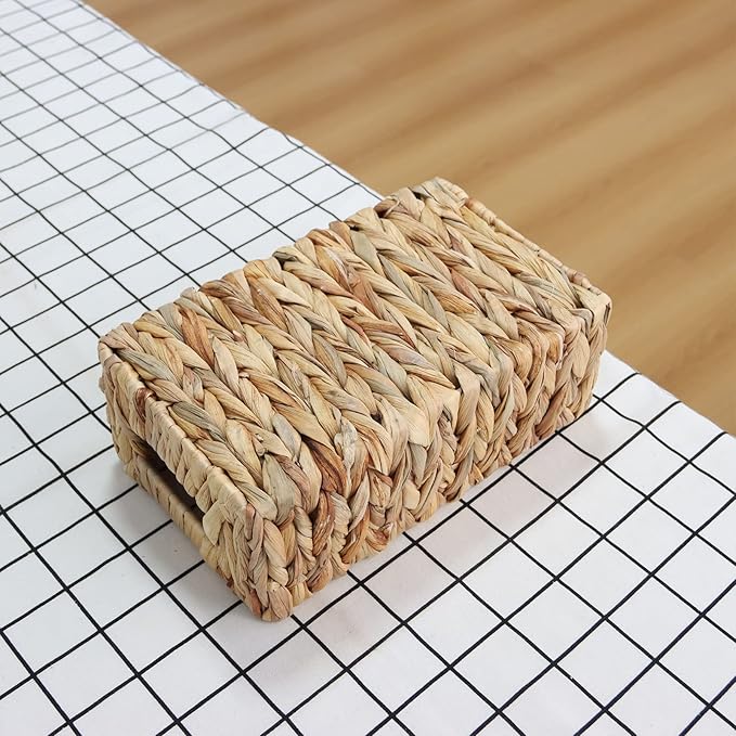 YAHUAN Woven Water Hyacinth Baskets for Organizing, Rectangular Wicker Baskets with Built-in Handles, Small Storage Baskets for Shelves, Kitchen, Make-Up,Toilet Tank Paper(Water Hyacinth 1-Pack)
