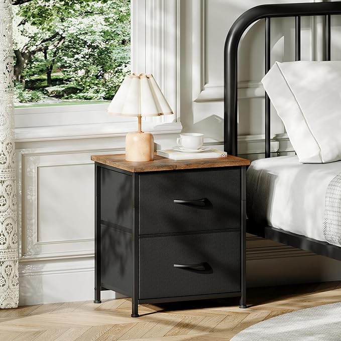 Somdot Black Nightstand, Small Dresser for Bedroom with 2 Drawers, Bedside Table Night Stand End Table with Fabric Bins for Bedroom Kids Closet Dorm Guest Room, Black Rustic Brown