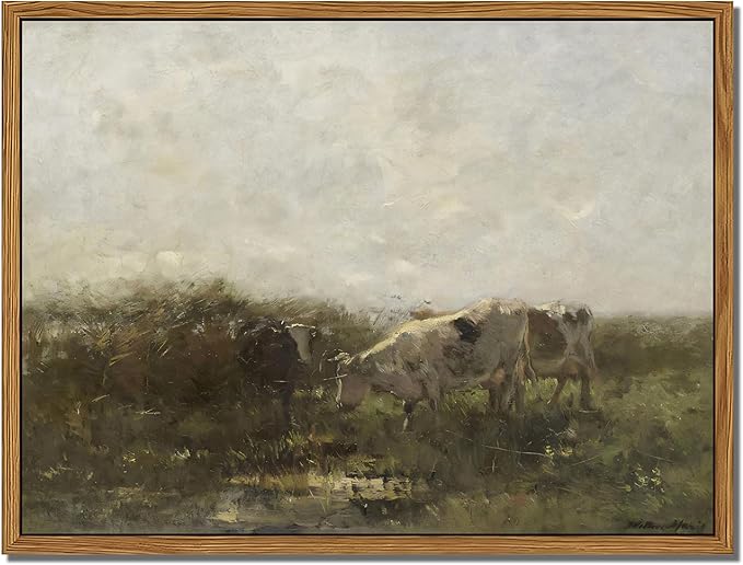 Floating Framed Landscape Canvas Wall Art, French Vintage Natural Country Cows Pictures Wall Decor Artwork, Farmhouse Oil Paintings Prints for Living Room Bedroom Home Decoration 12x16 inch