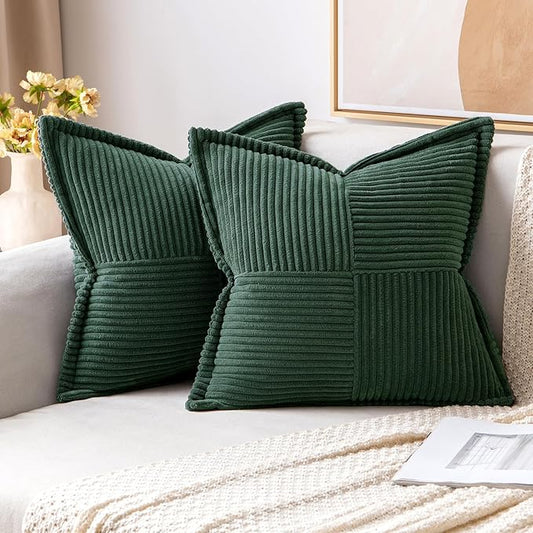MIULEE Christmas Decorative Euro Sham Throw Pillow Covers for Couch Bed Livingroom 24x24 Inch Set of 2 Dark Green Boho Accent Throw Pllows Broadside Striped Patchwork Soft Corduroy Pillowcases