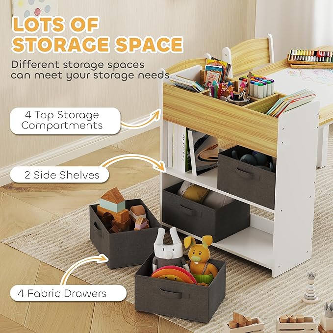Qaba Kids Art Table & Easel Chair Set with Paper Roll, Toddler Desk and Chairs Set with Storage Shelves and Drawers, Activity Craft and Play Table for Writing Drawing Aged 3-8 Years Old, Natural Wood