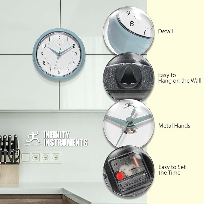 Infinity Instruments Retro 9.5 Inch Round Indoor Wall Clock, Baby Blue