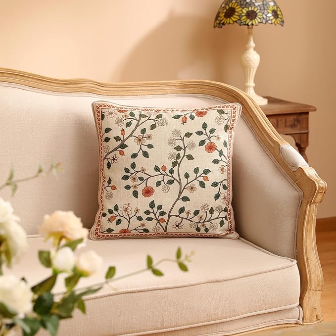 Design Linen Classic Throw Pillow Covers 18"x18" Pack of 2, French Farmhouse Square Cushion Covers with Orange White Floral Pattern Decoration Pillowcases for Bed,Living Room,Outdoor,Car