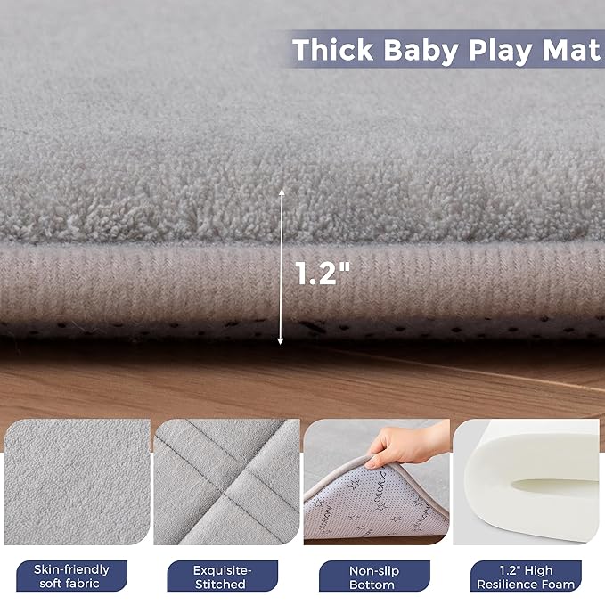 MAXYOYO 1.2" Thick Baby Play Mat for Floor, 59"x 78" Foldable Playpen Mat, Tummy Time Foam Mats Ultra Soft Support, Padded Carpet with Non-Slip Backing for Infant,Kids and Toddler Crawling, Grey