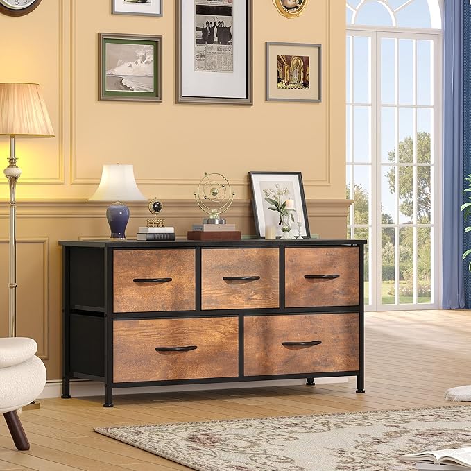 DWVO Dresser for Bedroom with 5 Drawers - Fabric Storage Tower, Long Fabric Dresser, Organizer Unit for Bedroom, Closet, Hallway