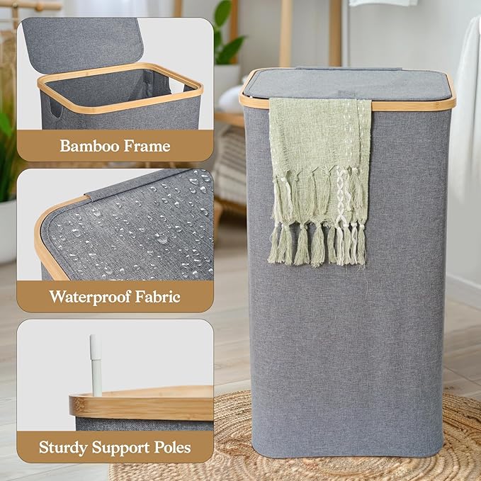 Foldable Laundry Hamper with Lid, Double Laundry Hamper, 3 Section Extra-large Laundry Basket with Bamboo Handles for Bathroom, Bedroom & Laundry Room, 160L Grey