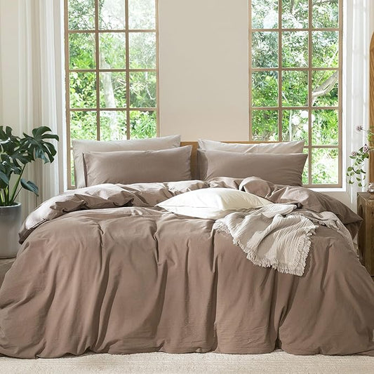 MooMee Bedding Duvet Cover Set 100% Washed Cotton Linen Like Textured Breathable Durable Soft Comfy (Solid Brown, Palatial King/Oversized King 120"x98")