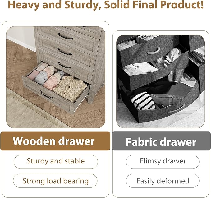 GarveeHome 5 Dresser for Bedroom, 41.3" Tall Vertical Drawer Dresser with Large Storage, Freestanding Wooden Closet Chest for Bedroom, Living Room, Grey