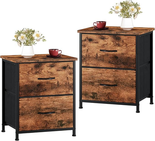 Somdot Nightstand Set of 2, Small Dresser for Bedroom with 2 Drawers, Bedside Table Night Stand End Table with Fabric Bins for Bedroom Kids Closet Dorm Guest Room, Wood Grain Print