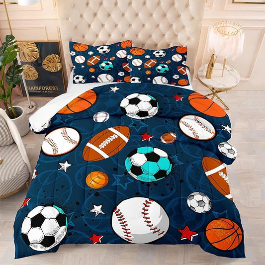 Tailor Shop Sports Boys Comforter Sets Twin Size,Sports Bedding Sets for Boys Kids Teens Football Basketball Baseball Ball with 1 Pillowcase……