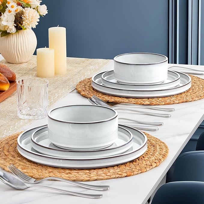 LIANYU Plates and Bowls Dinnerware Sets for 8, 24 Piece Stoneware Tableware Dishes Set Includes Dinner Dessert Plate Cereal Bowl, Rustic Terracotta Underside, Dishwasher & Microwave Safe, Lucent White