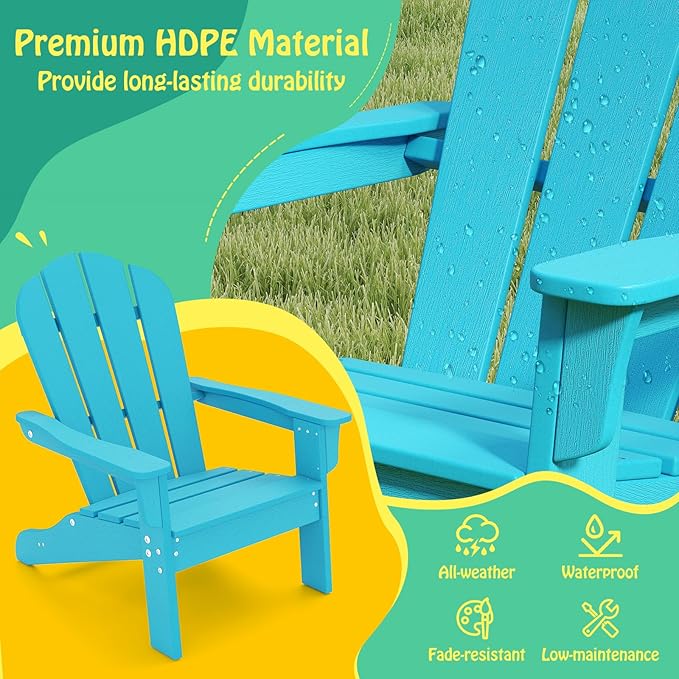 Giantex HDPE Kids Adirondack Chair - All-Weather Lawn Toddler Chair with Ergonomic Design, Children’s Outdoor Chair for Toddlers Ages 3-8, Kid’s Patio Furniture for Deck, Garden (1, Turquoise)