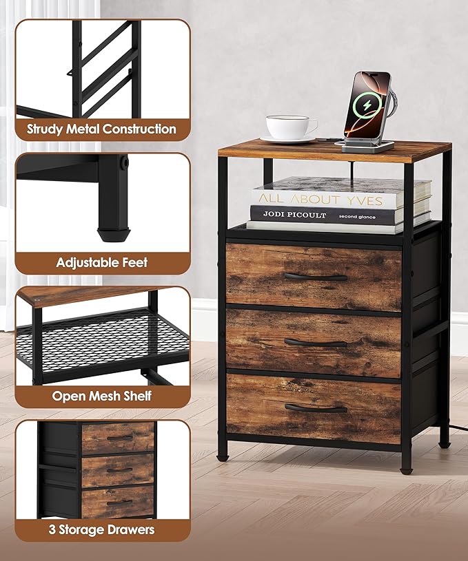 End Table with Charging Station, 11" D x 15" W Night Stand with LED Light, Nightstand with Fabric Drawers, Bedside Table with Open Shelf, Side Table for Bedroom, Living Room, Rustic Brown