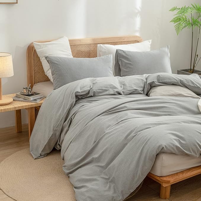 BESTOUCH Duvet Cover Set 100% Washed Cotton Linen Feel Super Soft Comfortable Chic Lightweight 3 PCs Home Bedding Set Solid Light Grey Queen