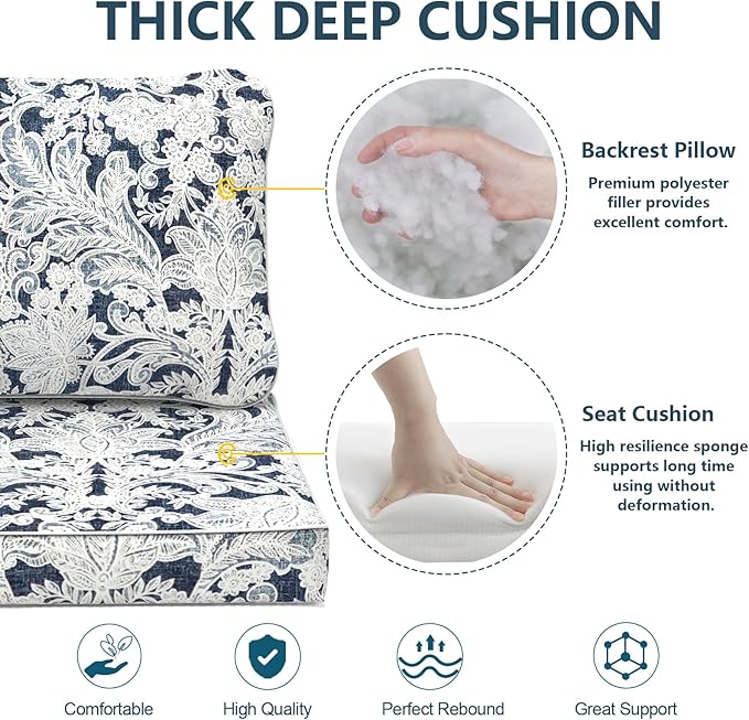 Outdoor Deep Seat Cushions Set 24 x 24 Inch for Patio Furniture,Water Resistant Chair Cushions Replacement Includes Seat Cushion & Back Pillow for Couch Sofa, Wicker Chair - Damask Lapis