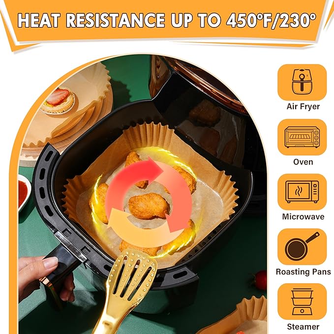 Air Fryer Liners Disposable, 125PCS 8 Inch Greaseproof Air Fryer Liners, Square Unbleached Parchment paper, Non-stick Airfryer Liners for 5-8QT Air fryer, Baking, Roasting Microwave
