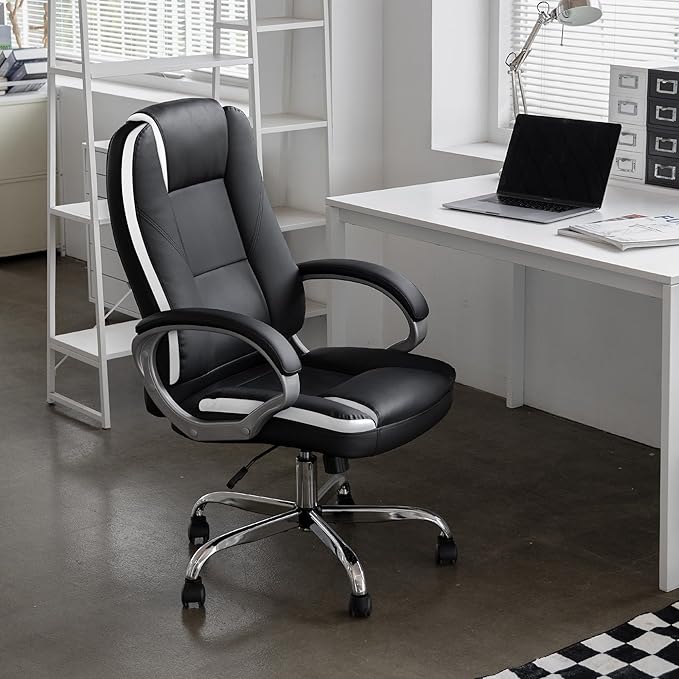 NEO CHAIR Office Desk Ergonomic Gaming Chair High Back Adjustable Computer Chair with Wheels and Lumbar Support Comfy Leather Executive Swivel (Black)