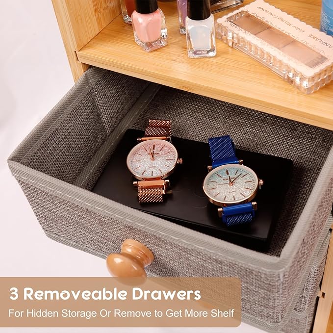 Makeup Organizer Countertop With Brush Holder For Vanity, Large Bamboo Bathroom Counter Organizers And Storage,Cosmetic Skincare Perfume Organizer With 3 Makeup Brush Holder/3 Drawer/7 Storage Shelves