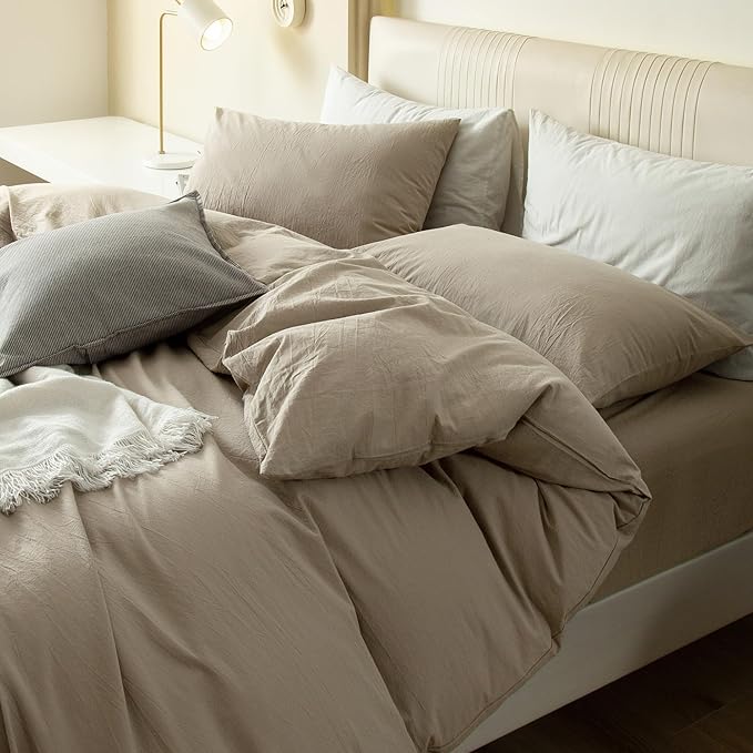 JIYUAN 100% Washed Cotton Duvet Cover Set 3 Pieces Super Queen, 1 Duvet Cover 90x98 Inches(Comforter Not Included) and 2 Pillowcases,Linen Feel Bedding Set Comfy and Breathable,Khaki