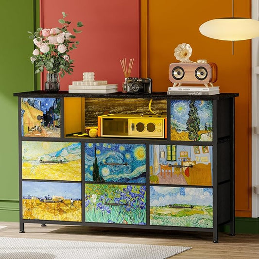Fixwal Dresser for Kid Bedroom with Power Outlets and LED Lights, Van Gogh Black Dresser 55" TV Stand with 8 Drawers, Fabric Chest of Drawers for Closet Nursery Art Furniture