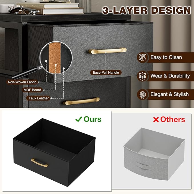 Tall Dresser with 6 Drawers, Chest of Drawers with Fabric Bins, Storage Organizer Tower with Wood Top & Steel Frame for Bedroom, Living Room and Entryway - Black