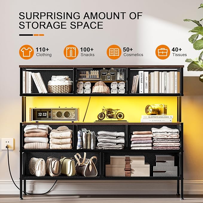 REAHOME Dresser TV Stand with Charging Station and LED Lights, 55” TV Stand Entertainment Center with 9 Drawers, Steel Frame, Large Storage Chest of Drawers for Bedroom, Living Room, Brown
