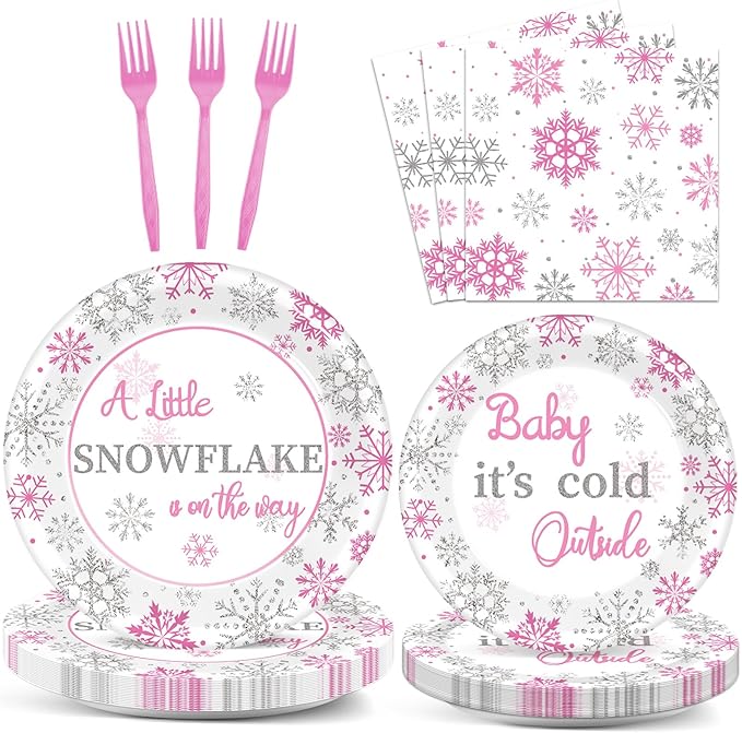 96 Pcs A Little Snowflake is on The Way Party Plates Napkins Tableware Set Winter It’s Cold Outside Supplies Disposable Dinnerware Girl Birthday Party Decoration Favors for Gender Reveal, 24 Guests