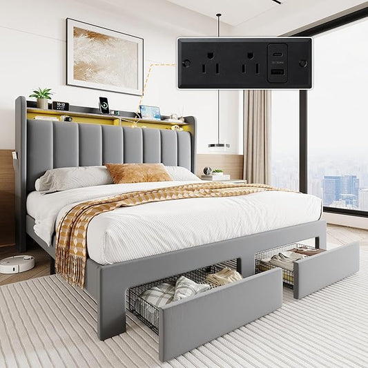 SHA CERLIN Velvet Queen Bed Frame with Vertical Channel Tufted Wingback Headboard & 2 Storage Drawers/2-Tier Shelves with LED Lights & Charging Station/Noise-Free/No Box Spring Needed/Light Grey