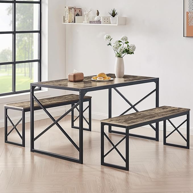 VECELO Kitchen Dining Table Set for 4 to 6, 55" Wood Dinette 2 Benches with Metal Frame for Dinner Breakfast Nook and Small Space, Grey