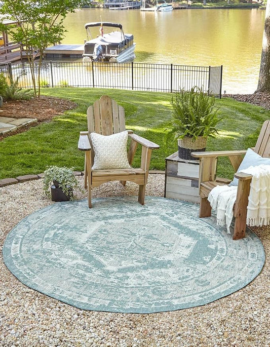 Unique Loom Outdoor Traditional Collection Area Rug - Valeria (13' Round Aqua/Ivory)