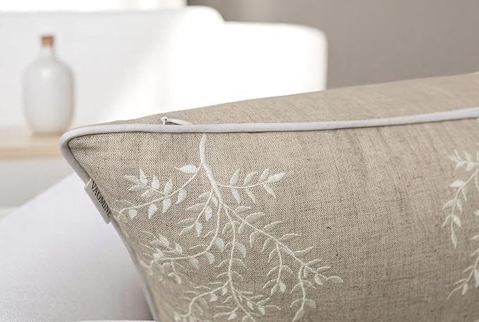 VAGMINE Embroidered Leaves Throw Pillow Cover - 18x18 Inches Square - 100% Linen Natural Decorative Cushion Cover - Artistic Floral Embroidery - Cozy Farmhouse & Boho Accent for Sofa, Couch, Bedroom