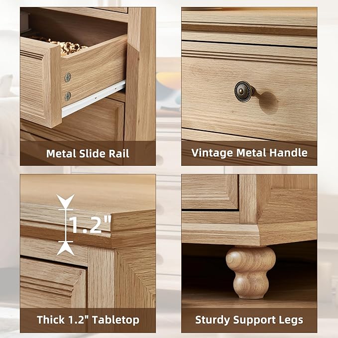 Farmhouse Nightstand Set of 2 with Charging Station, 24" Wide End Table with 3 Drawers,Dresser for Bedroom,Bed Side Table Chest of Drawers Cabinet,Wood Natural Night Stand for Living Room