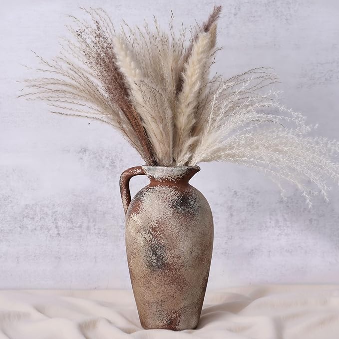 Rustic Farmhouse Ceramic Vase, 9.2" Tall Vintage Pottery Vases, Terracotta Decorative Boho Pampas Flower Vase, Suitable for Home Decor Living Room Entryway Table Bookshelf Mantle Shelf Decor