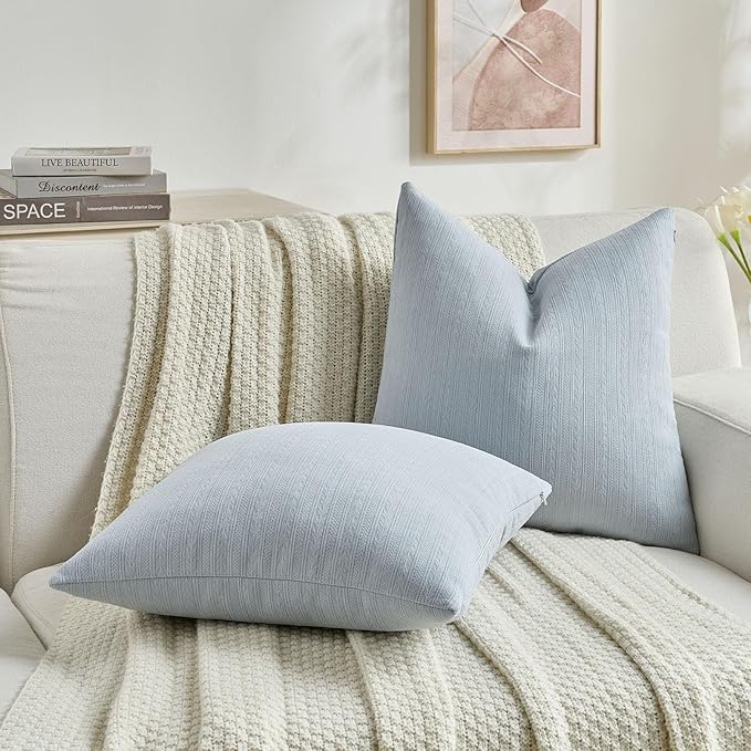FUTEI Light Blue Decorative Throw Pillow Covers 22x22 Inch Set of 2,Soft Cozy Wheat Ear Striped Patterns Cushion Cases,Modern Home Decor for Couch Bed Living Room