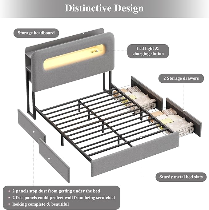 HOSTACK Queen LED Bed Frame with Storage Headboard and Charging Station, Boys Bed Frame with 2 Drawers and USB Ports, Velvet Upholstered Platform Bed Frame with Bookcase, No Box Spring Needed, Grey